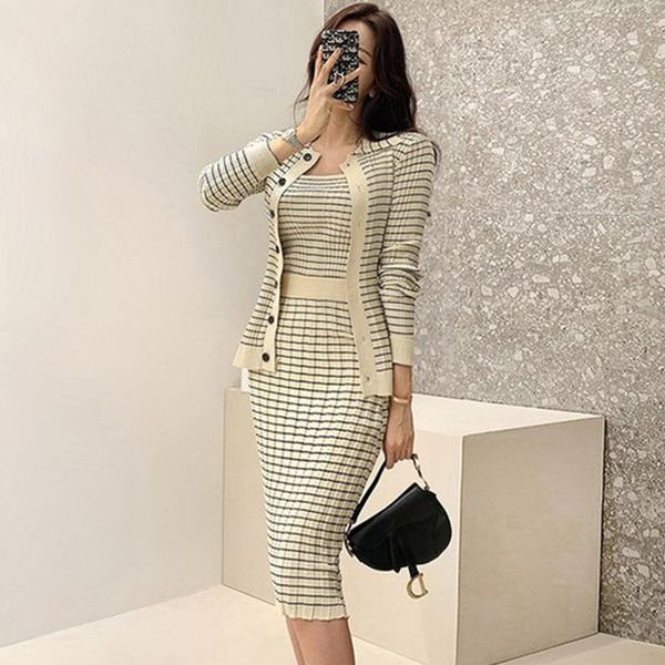 

two piece dress h han queen korean knitting 3 pieces set women knitted sling cardigan and pencil skirts casual simple office lady skirt suit, White