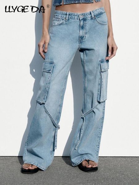 

women's jeans wide leg for women loose solid straight vintage trousers female 2023 spring casual high street pockets long denim pants 2, Blue
