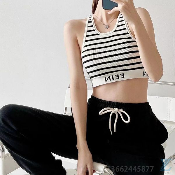 

striped tank letter slim fit underlay with knitted sports strap for women t-shirt, Black
