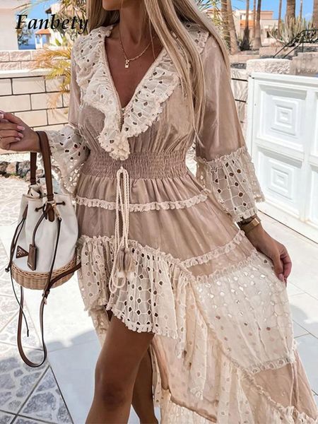 

dresses new v neck long sleeves hollow dress women elastic waist drawstring pleated irregular dress summer lace splicing long dress, Black;gray