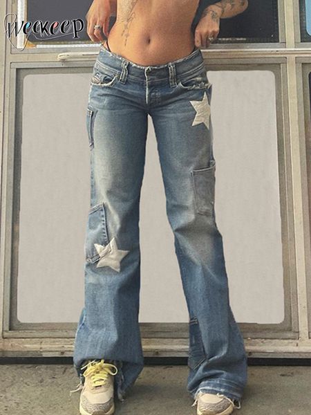 

women's jeans weekeep vintage star jeans pocket stitching straight denim pants women y2k streetwear casual trousers harajuku low rise c, Blue
