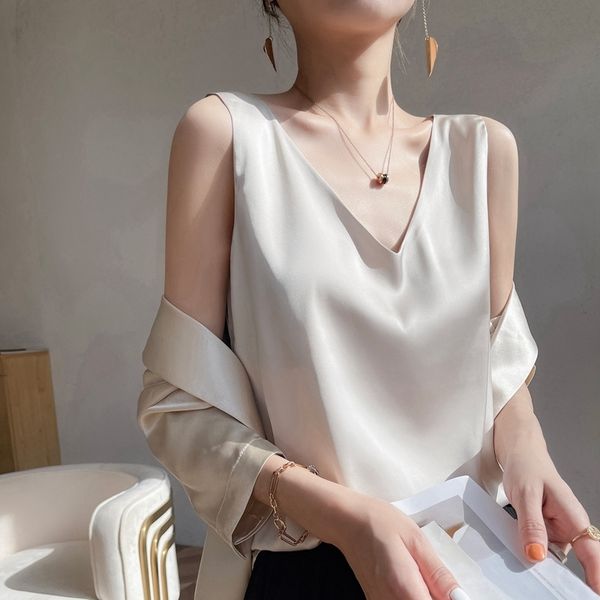 

women's tanks camis ladies silk suspenders solid satin vest spring autumn wild pullover interior frontrear vneck summer thin 230422, White