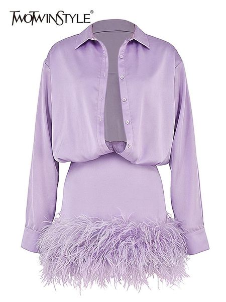 

dresses twotwinstyle dress for women lapel long sleeve high waist patchwork feathers solid mini dresses female spring clothes style, Black;gray