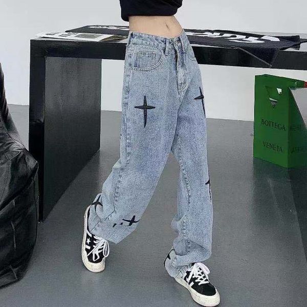 

women's jeans streetwear cross embroidery woman high waist y2k straight baggy pants korean fashion trend trousers 230422, Blue