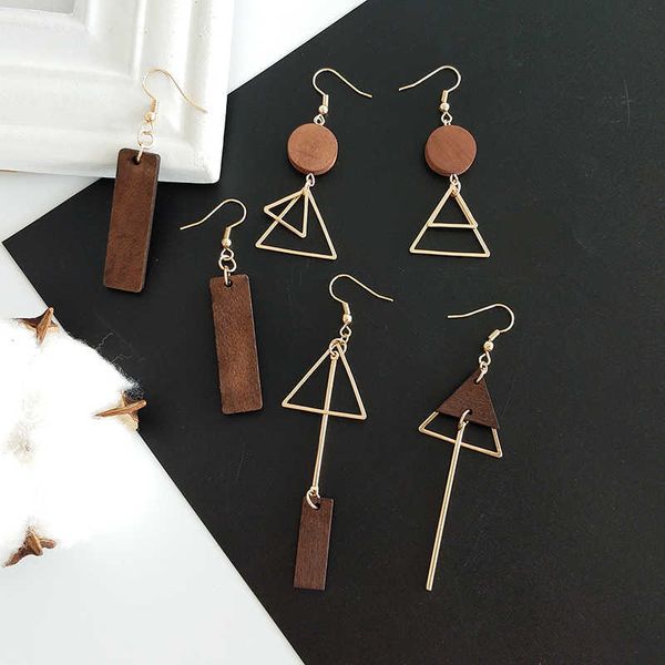 

charm simple geometric wood triangular asymmetric earrings w0422, Golden