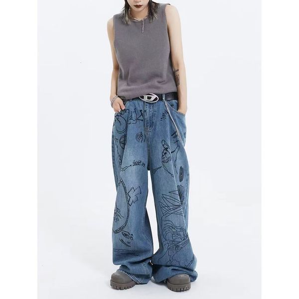

women's jeans women street heavy industry handpainted graffiti jean spring and autumn high waist slim washed straightleg pants 230422, Blue