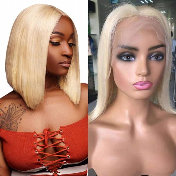 

indian human hair lace front bob wig 130% density straight 613 blonde short wigs for women, Black;brown