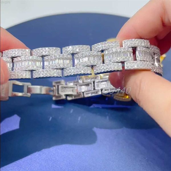 

pass diamond tester 15mm wide baguette moissanite fashion iced out cuban chain luxury bracelet moissanite cuban chain, Silver