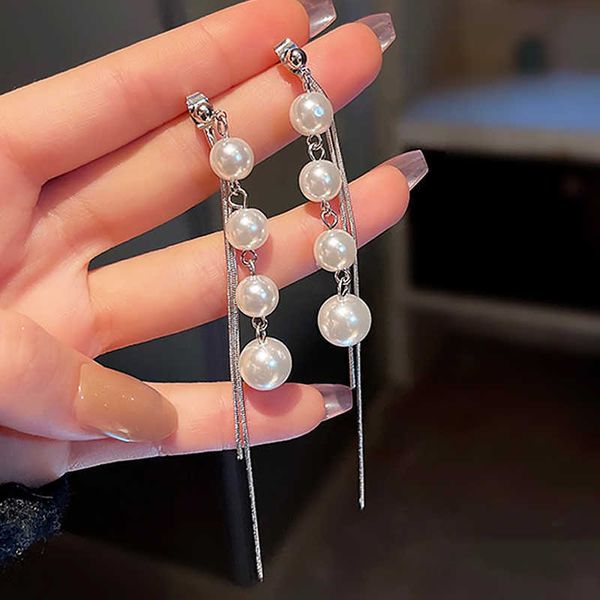 

charm 2023 new fashion vintage glossy arc bar long thread tassel drop earrings for women silver color pearl jewelry hanging pendientes w0422, Golden