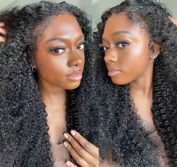 

afro kinky curly full natural human hair wigs 360 hd invisible lace front wig with curly baby hair natural hairline trendy hairstyle, Black;brown