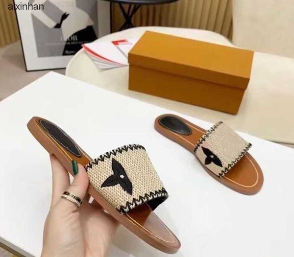 

2021 women slippers outdoor banquet slide shoes pp straw summer leather sandals multicolor flat heel mule8, Black