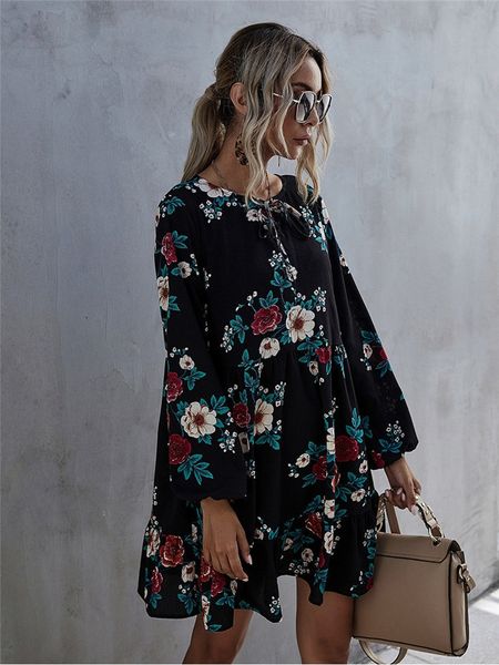 

casual dresses msfilia elegant autumn winter ruffles print dress women o-neck full sleeve high waist floral dress female black 230424, Black;gray