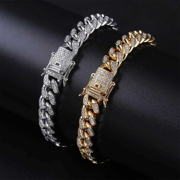 

2023 10mm hip hop miami cuban chain necklace gold/silver color plated bling micro pave cz zircon bracelet necklaces 7-30inch, Golden;silver