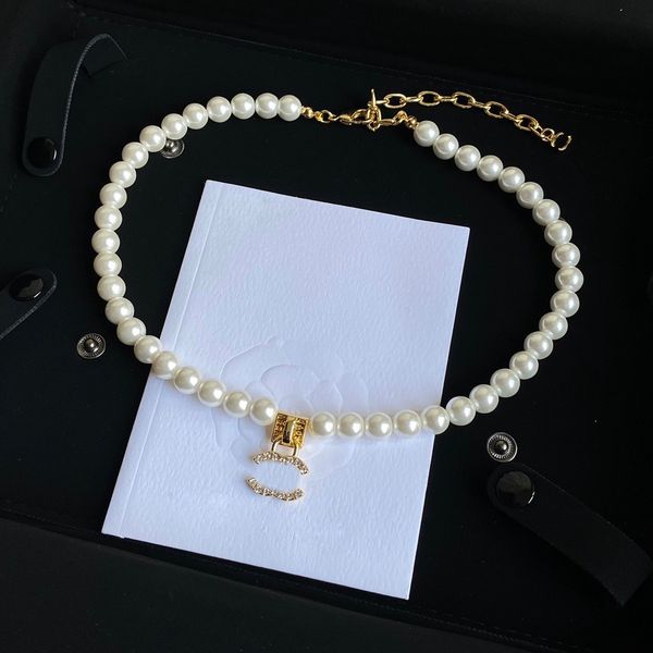 

luxury brand designer pendants necklaces never fading pearl crystal 18k gold plated stainless steel letter choker pendant necklace chain jew, Silver