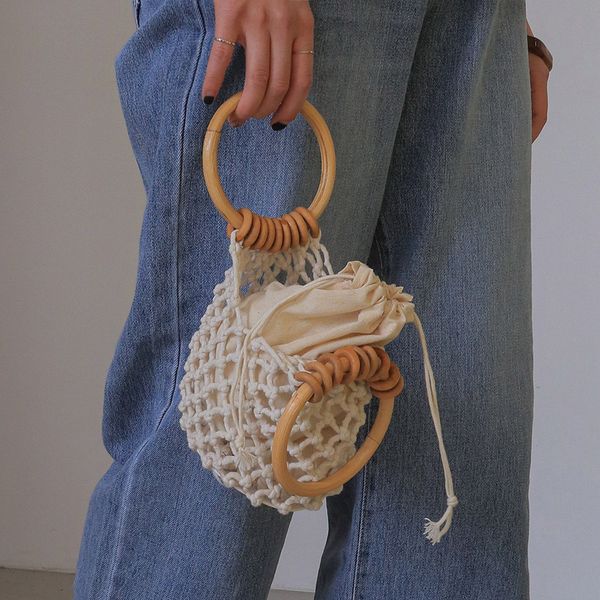 

evening bags casual retro woven handbag wooden handle with inner cloth drawstring bucket bag vacation beach style wrist pack for ladies 2304