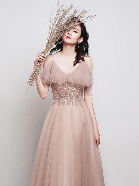 

elegant cocktail dresses v-neck applique spaghetti strap flare sleeve tulle celebrity banquet evening gowns toast clothing woman, Black