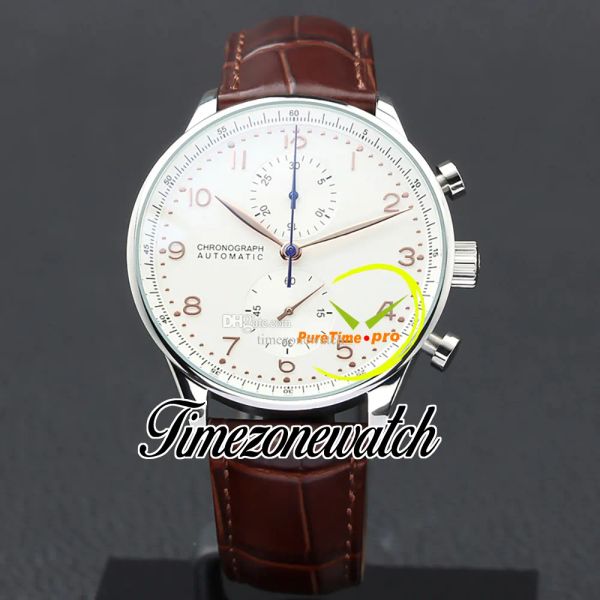 

40.9mm portugieser chronograph quartz mens watch 371445 371480 mens watch white dial steel csse brown leather strap satch new watches timezo, Slivery;brown