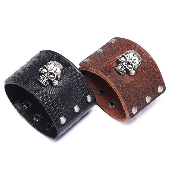 

steampunk style skull charm leather cuff bracelets for men gift, White