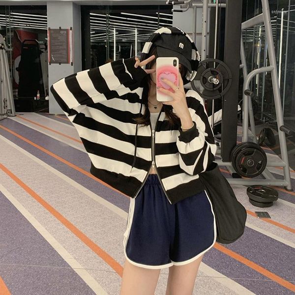 

Women' Hoodies Autumn 2023 Thin Hooded Long-sleeved Hoodie Women' Striped Short Loose Style Fashion Niche Top, Black