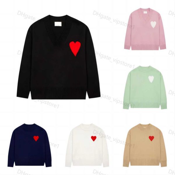 

23ss amis paris fashion mens designer amies knitted sweater embroidered red heart solid color big love round neck short sleeve a t-shirt for, White;black