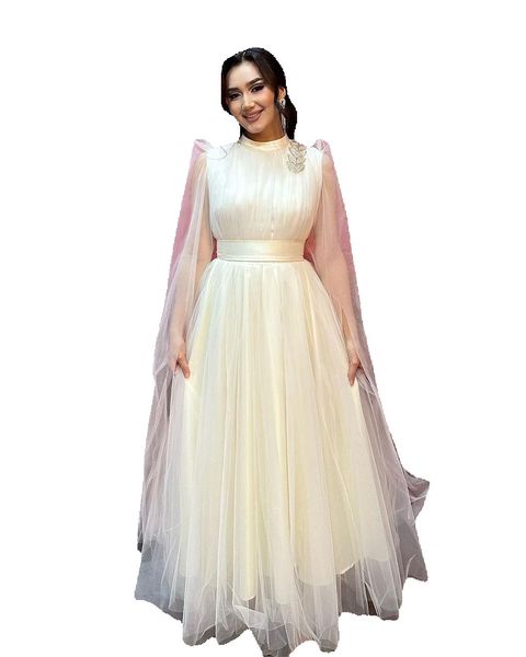 

saudi arabic prom dresses o-neck beadings light yellow tulle formal party temperament evening gowns, Black