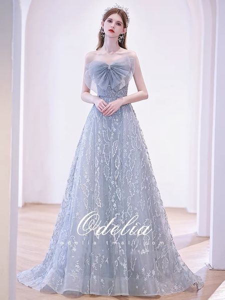 

blue gray cocktail dress beading bow strapless applique sequined a line lace up off the shoulder celebrity party evening gown new, Black