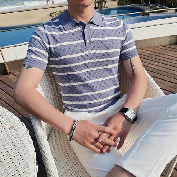 

men's polos brand clothing knit polo shirt men's short sleeve stripe lapel business formal polo shirts casual comfortable polos sh, White;black