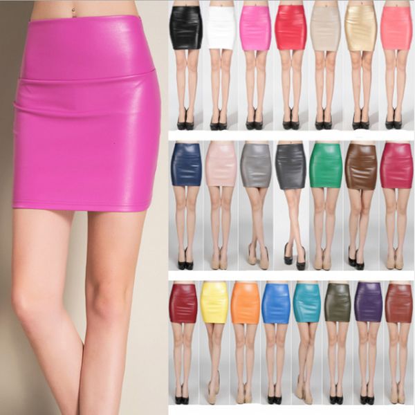 

skirt fashion candy colors high waist pu leather skinny thicken mini hip yf203 230424, Black