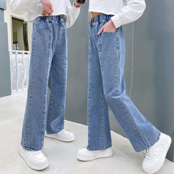 

jeans teen girls jeans high waisted wide leg pants springs children's loose straight blue denim pants casual style trousers clothes 230