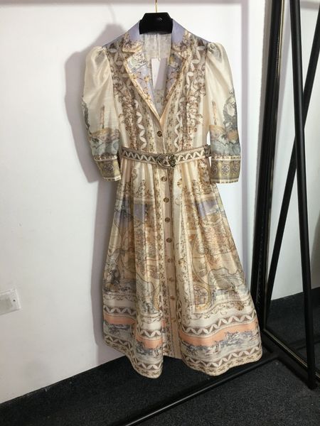 

casual dresses australian designer designs a new retro printed belt with waistband and lapel, bubble short sleeved dress, long skirt, Black;gray