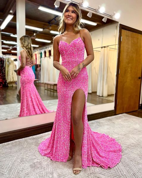 

pink mermaid prom dresses lace up back sequins party evening dress spaghetti long special occasion dress, Black