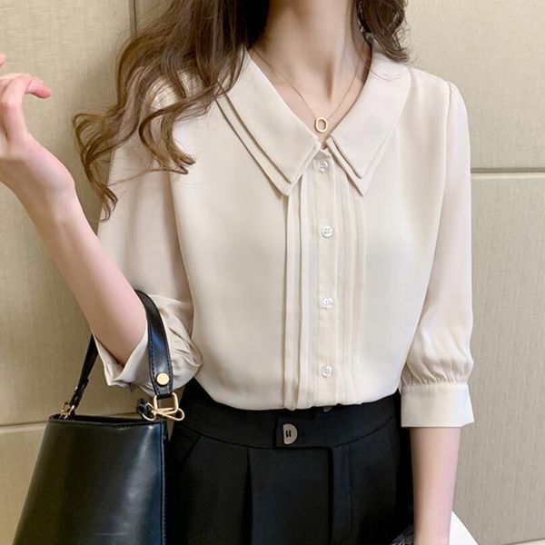 

women's blouses shirts summer korean half sleeve peter pan collar button chiffon women blouse shirts female school uniform girls shirt, White