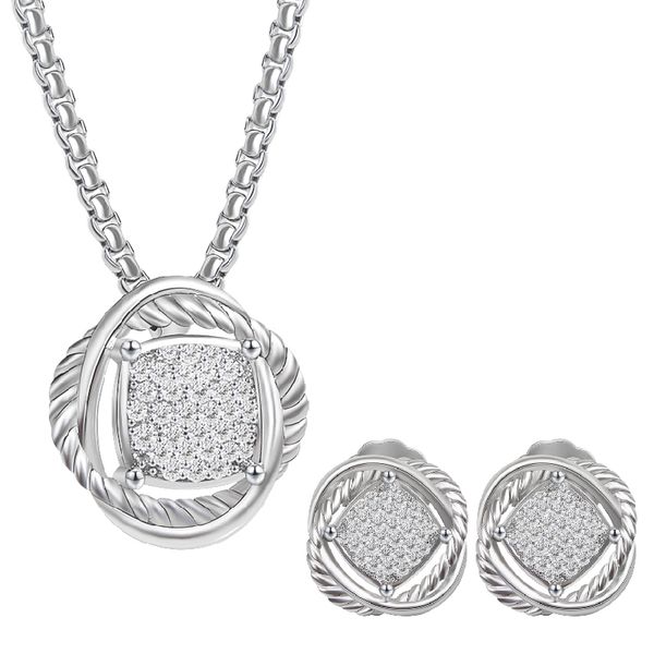 

fashion necklace earrings jewelry set for women white gold plated brass round cluster cz pendant necklace & stud earrings gift, Silver