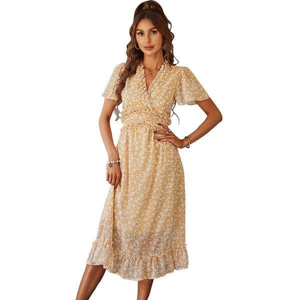 

v-neck a-line midi casual dress chiffon pullover flutter short sleeves ruches inverted v high waist floral printed panelled ruffles courtyar, Black;gray