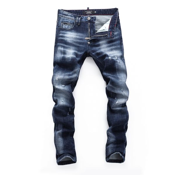 

plein bear men's jeans classical fashion pp man denim trousers rock star fit mens casual design ripped jeans distressed skinny biker, Blue