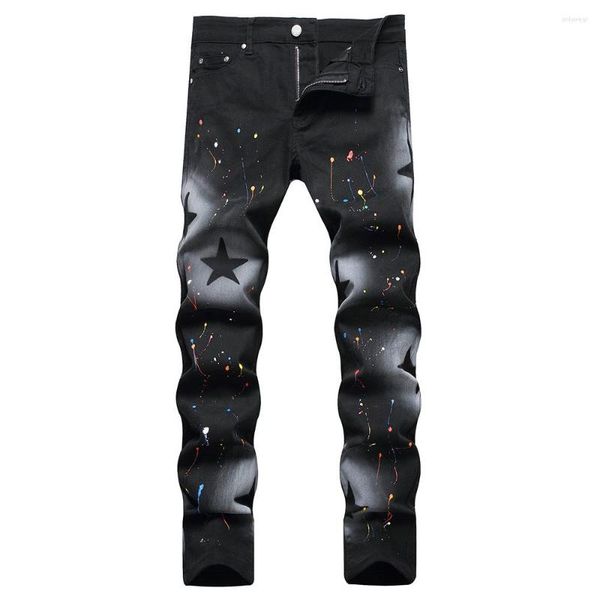 

Men's Jeans Men Star Painted Black Stretch Denim Slim Straight Pants Streetwear Print Trousers