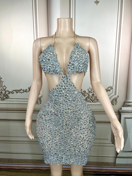 

full silver big rhinestones bright bra mini dress birthday celebrate performance outfit female singer stage wear plus size, Black