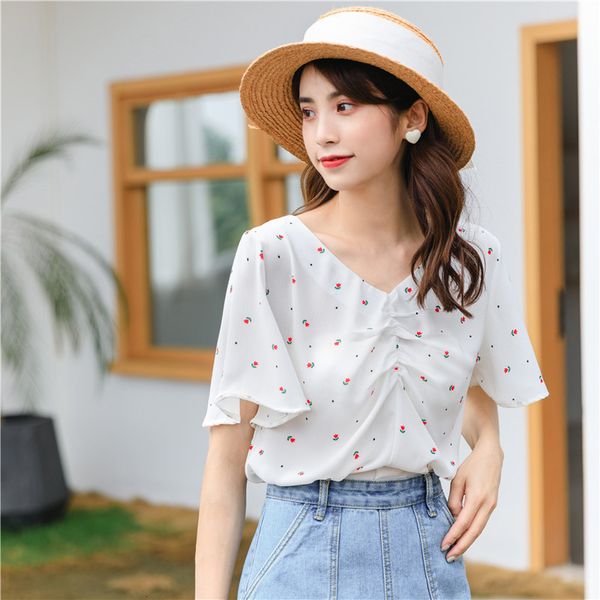 

women's blouses shirts summer korean shirt women v-collar flare sleeve printed wrinkle blouse girl temperament loose short sleeved shir, White