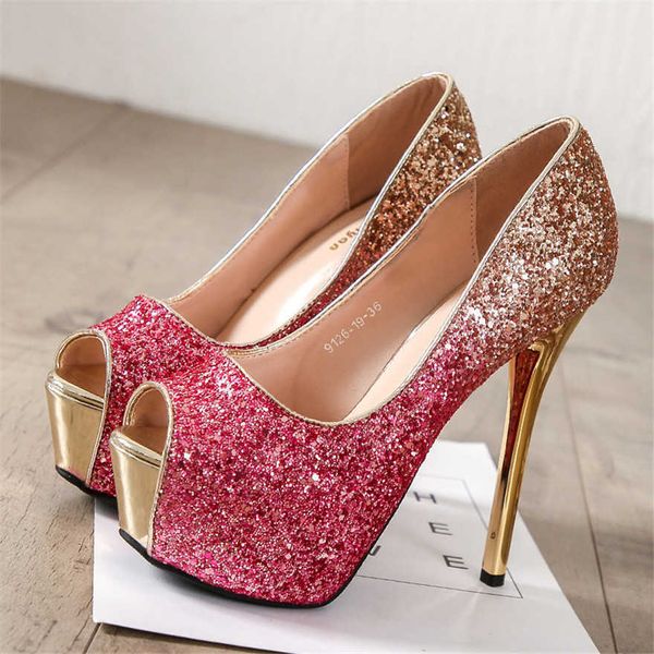 

12cm/14cm super high heels women pumps new gradient sequined cloth peep toe party ladies rose red fashion platform wedding shoes 230424, Black