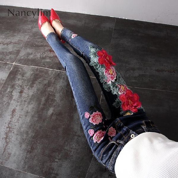 

jeans european jeans for woman spring and autumn peony flower embroidery national wind stretch denim pants trousers mujer, Blue