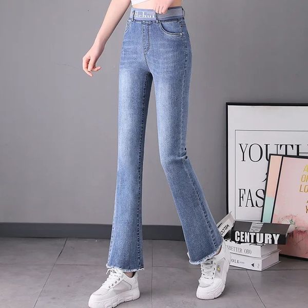 

women's jeans korean fashion woman high waist jeans spring summer clothing elastic band pockets slim denim solid casual flare pants 230, Blue