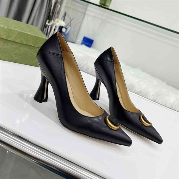 

fashion dress shoes women leather 2023 ggity high heel metal buckle letter logo wedding party business casual flat shoes 01-04, Black