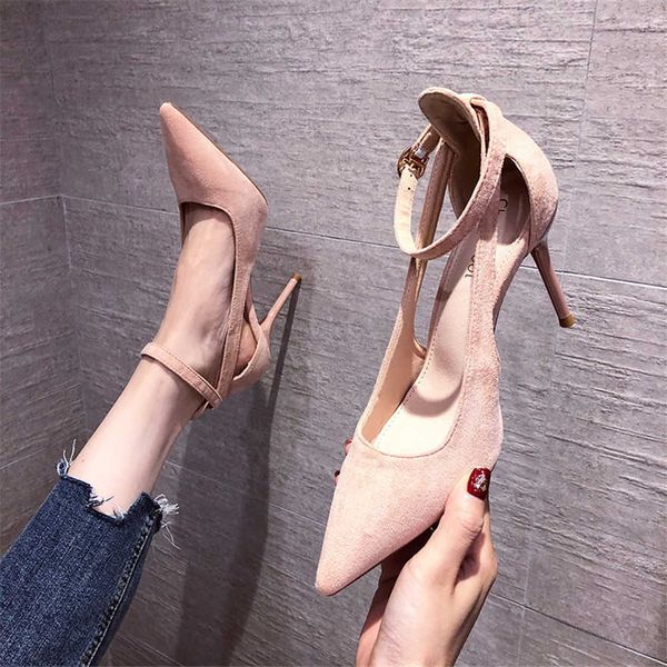 

2022 concise flock stiletto high heels women pumps autumn pointy toe black buckle hollow office ladies dress shoes shallow 34-41 230424