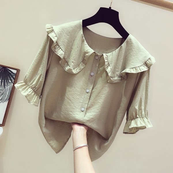 

women's blouses shirts summer women's shirt girl student korean short sleeve round collar pure color blouse female sweet preppy st, White