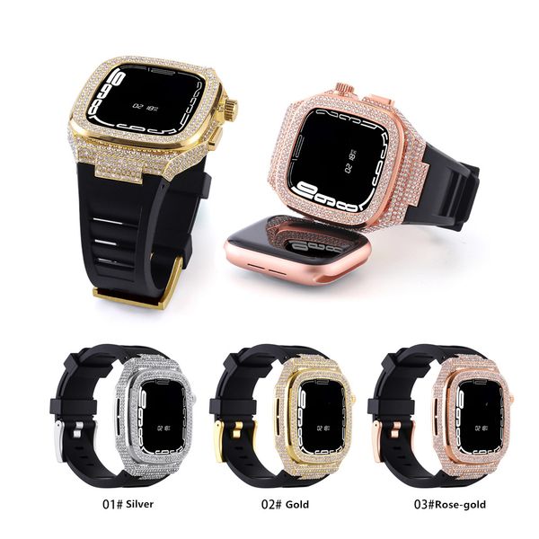 

Sky Luxury Full Studded Steel Case With Diamond Insert AP Frame Cases Mod Kit Straps Silicone Protective Case Band Strap Cover For Apple Watch Series 4 5 6 7 8 s