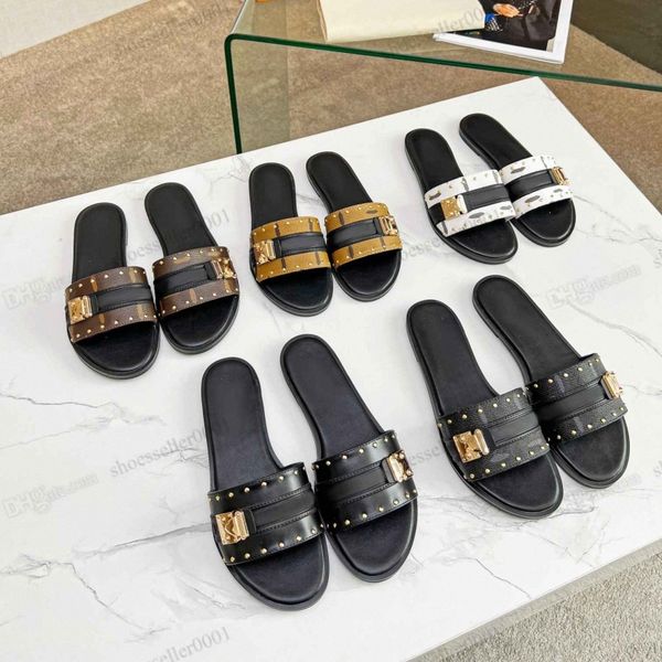 

2023 classic designer lock it slippers women lambskin leather metal buckle mule woman sandal shoes beach slides flat heeled shoes size 35 66, Black
