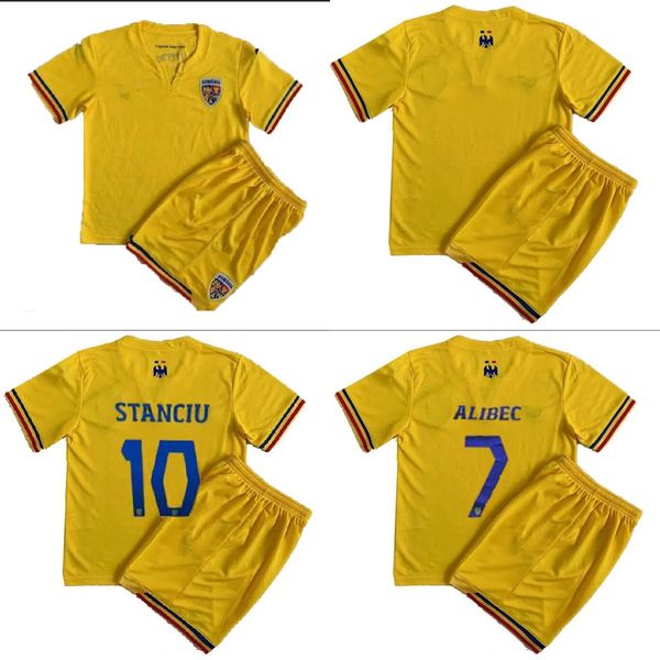 

2023 2024 romania stanciu kids kit soccer jerseys alibec stanciu home yellow child suit football shirts short sleeve uniforms football shirs, Black