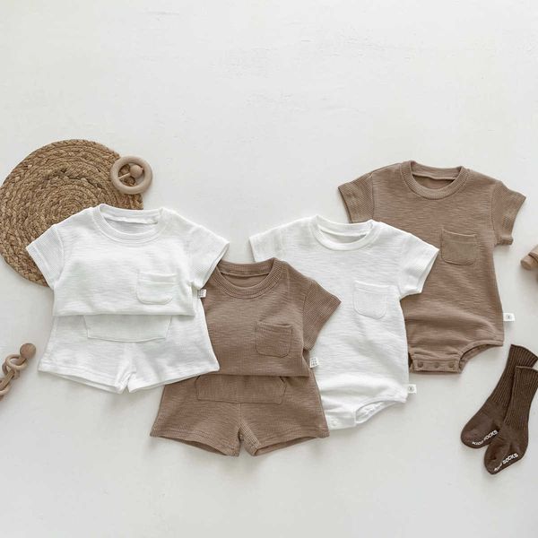 

clothing sets ins 2023 child korean summer boy girl 2pcs clothes set solid cotton ribbed short sleeve shorts suit newborns romper w0424, White