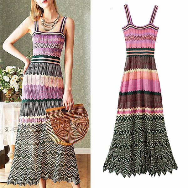 

casual dresses bohemian style summer women slim long geometric pattern sleeveless knitted party woman sl297 230424, Black;gray