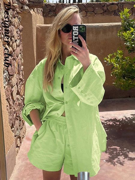 

dress women casual shorts set green tracksuit loungewear two piece set oversized long sleeve shirt and high waist shorts suits, White
